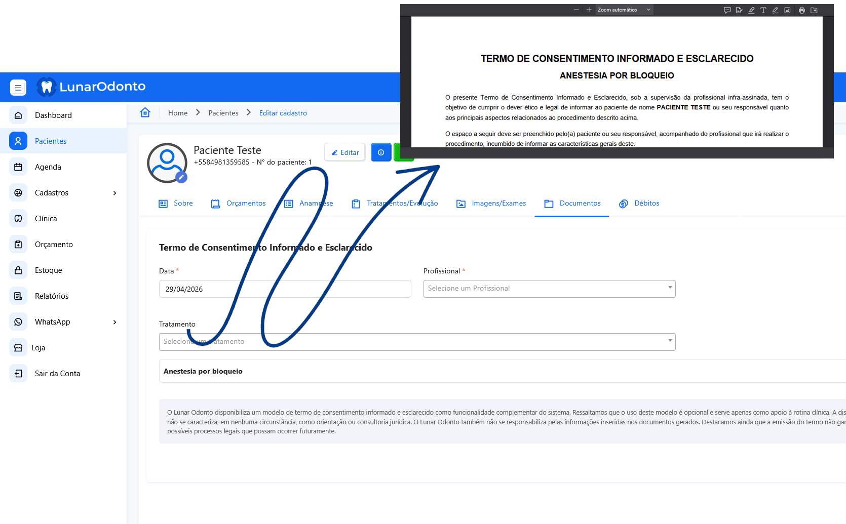 Assinatura digital de documentos no sistema Lunar Odonto