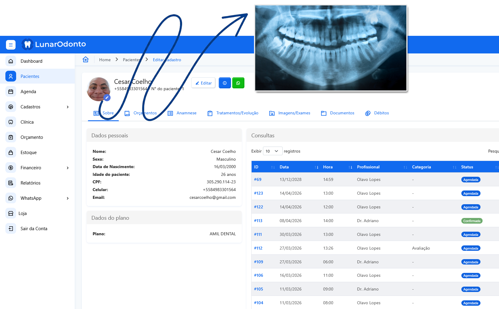 Tela do prontuario odontologico no sistema Lunar Odonto