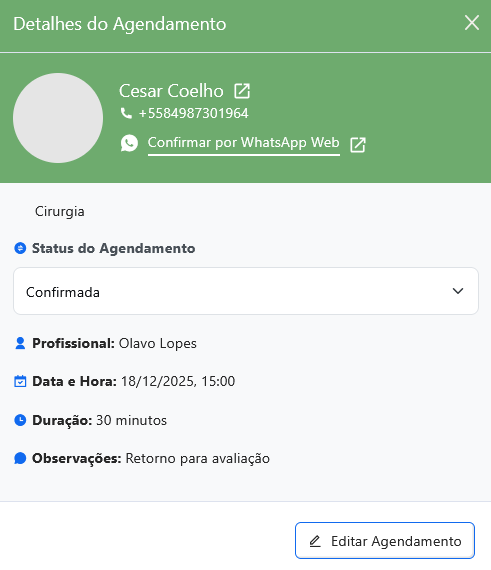 Detalhes do agendamento no sistema
